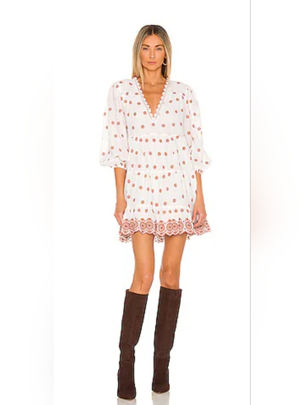 Tularosa x Revolve Paisley Mini Dress Women's SM Caramel Latte Boho Embroidered